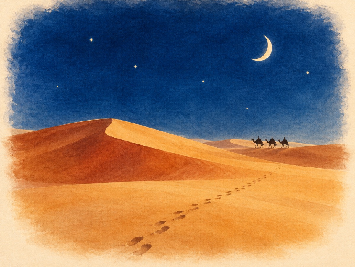 Une caravane qui traverse les dunes, la nuit