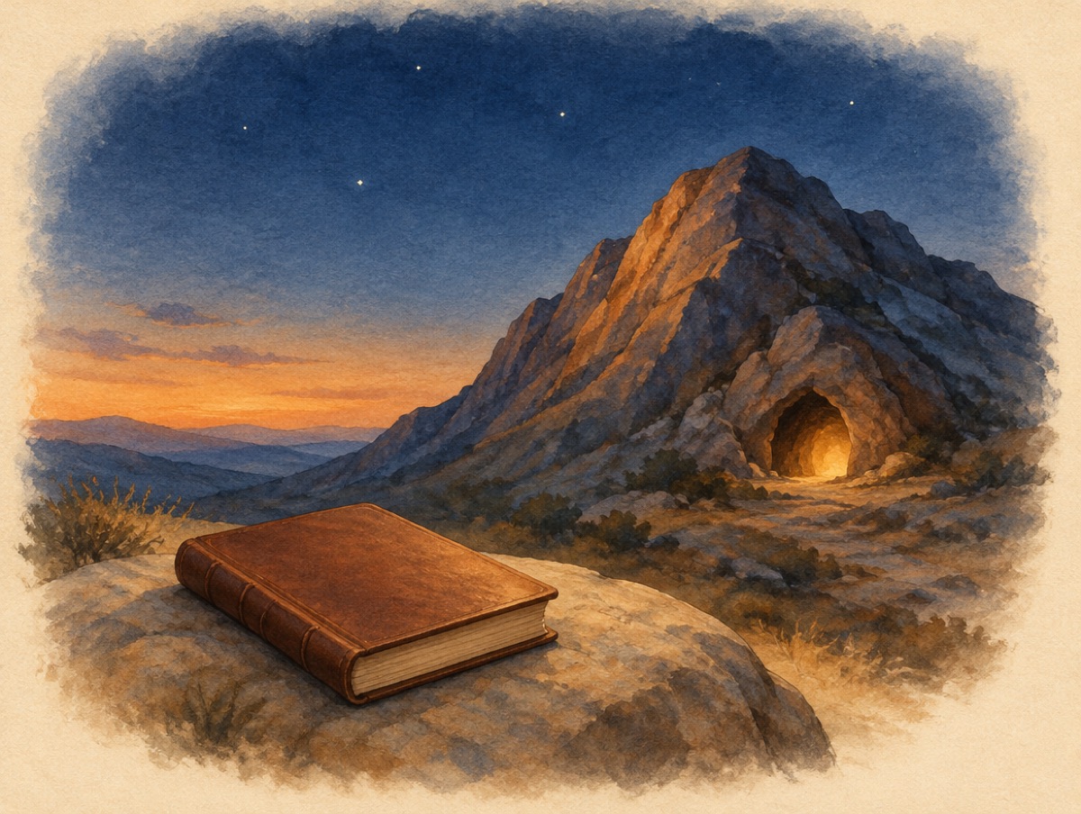 Une grotte dans la montagne, la nuit, et un livre fermé